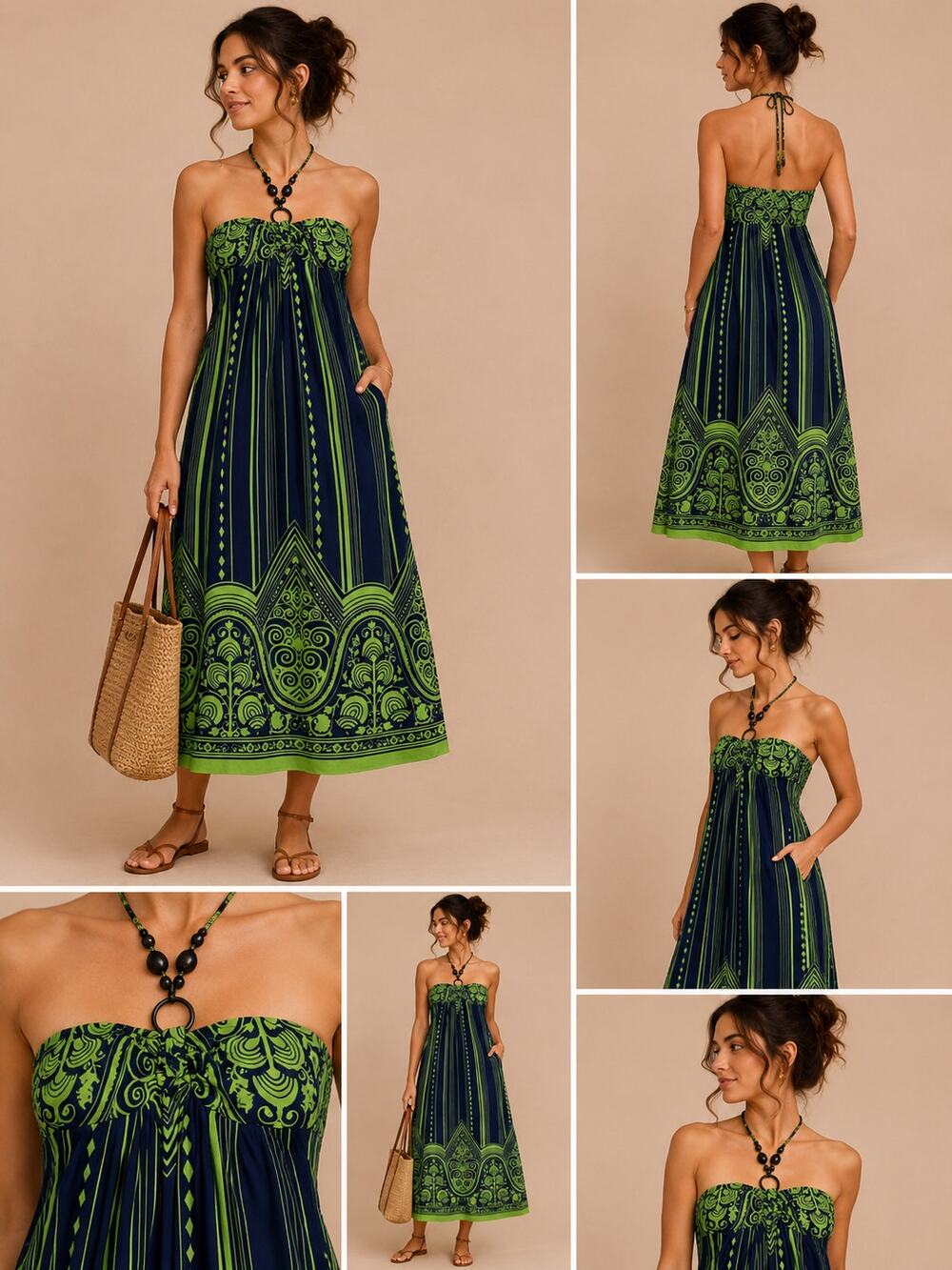 Vintage 90s Y2K Carole Little Halter Maxi Dress 12 Navy Lime Beaded Boho Resort